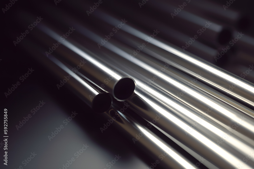 high quality Galvanized steel pipe or Aluminum and chrome stainless pipes in stack waiting for shipment in warehouse. Neural network AI generated - obrazy, fototapety, plakaty 