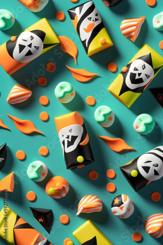 Caramelos para los niños pequeños en halloween, truco o trato con dulces de colores inspirados en personajes de terror, invitación fiesta de disfraces, hecho con IA photo