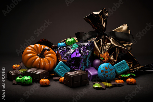 Bolsa de golosinas para Halloween, invitación fiesta de truco o trato, chocolates y caramelos para niños, hecho con IA photo