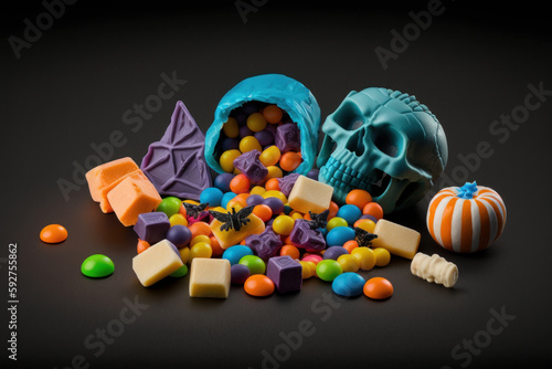 Caramelos de colores después de hacer truco o trato, invitación fiesta de Halloween, calavera azul de caramelo, hecho con IA photo