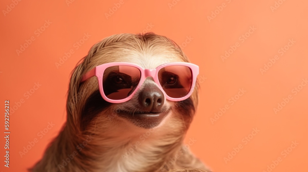 Cute sloth animal with sunglasses on pastel background with copy space, summer vibes