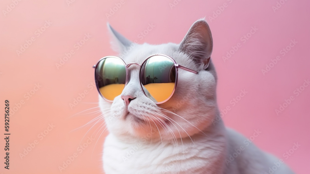 Cute cat animal with sunglasses on pastel background with copy space, summer vibes