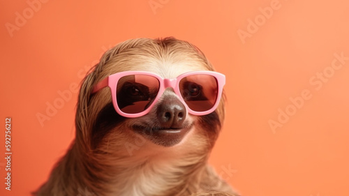 Cute sloth animal with sunglasses on pastel background with copy space, summer vibes © Artofinnovation