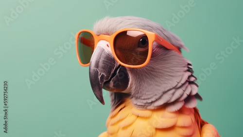 Cute parrot animal with sunglasses on pastel background with copy space, summer vibes