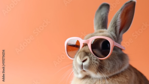 Cute rabbit animal with sunglasses on pastel background with copy space, summer vibes