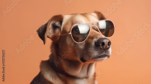 Cute dog animal with sunglasses on pastel background with copy space, summer vibes