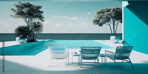 an outdoor terrace with a pool and chairs near the ocean Generative AI