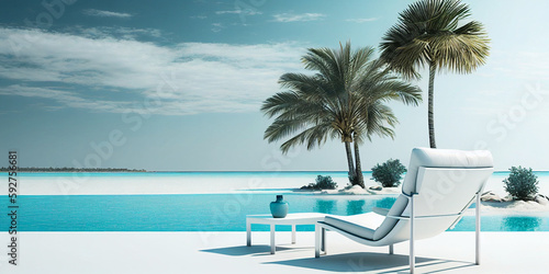 a white lounge chair in a seaside environment Generative AI © SKIMP Art