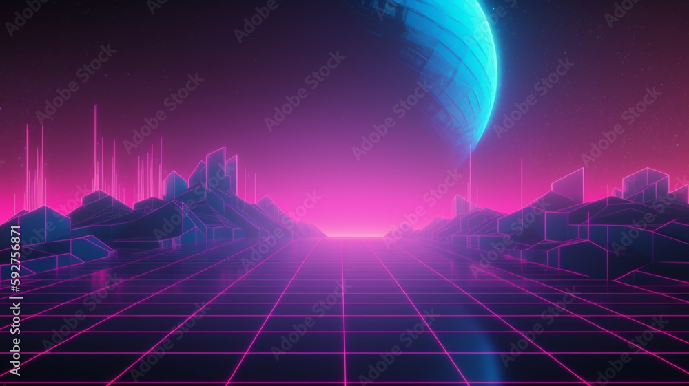 Synthwave retro cyberpunk style landscape background banner or wallpaper. Bright neon pink and purple colors.