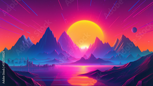 Synthwave retro cyberpunk style landscape background banner or wallpaper. Bright neon pink and purple colors. © Artofinnovation