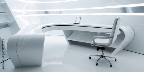 Setup futurista blanco minimalista, despacho tecnológico, clínica, hospital, nave espacial puente de mando, IA generativa 