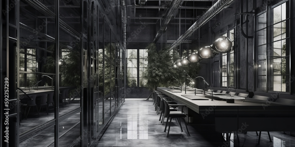 Restaurante de lujo estilo industrial, gran comedor con decoración negra y mucha vegetación y plantas, loft industrial 
