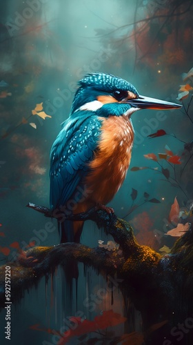Electric Kingfisher Bird on Autumn Forest Background. Generative AI © Scrudje