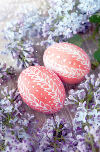 Easter eggs and flowers, happy holidays