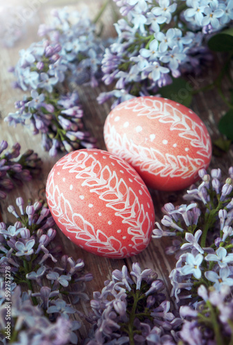 Easter eggs and flowers, happy holidays