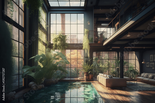 Loft de lujo con piscina interior con vistas a la ciudad, apartamento diáfano de diseño industrial decorado con muchas plantas y vegetación, piso de lujo 