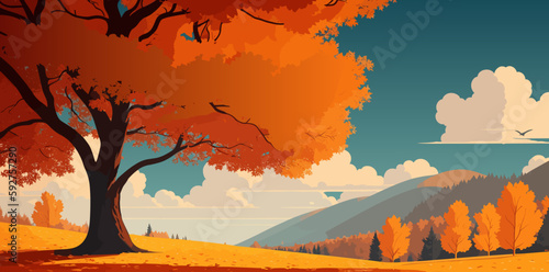 Fall season. Beautiful autumn landscape, panoramic view. Vector illustration