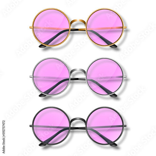 Vector 3d Realistic Frame Glasses with Pink Glass. Golden, Silver, Black Color Frame. Pink Transparent Sunglasses for Women and Men, Accessory. Optics, Lens, Vintage, Trendy Glasses. Front View