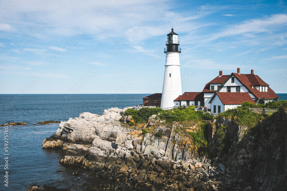 View of Portland Head Light Lighthouse in Portland, Maine on a Beautiful Day