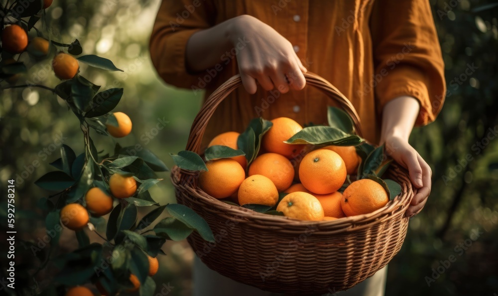 Woman holding wicker basket with large ripe oranges, close-up, orange harvest concept. Illustration, Generative AI
