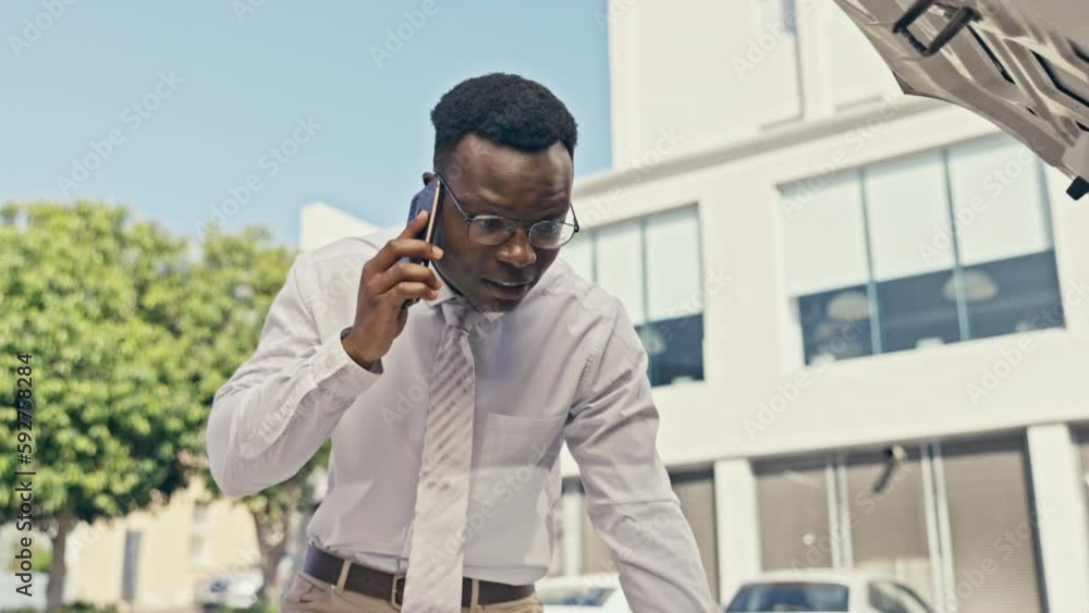Phone call, insurance and breakdown with a black man in the city, having vehicle issues or problems outdoor. Car, roadside assistance or emergency with a male speaking on his mobile after an accident Phone call, insurance and breakdown with a black man in the city, having vehicle issues or problems outdoor. Car, roadside assistance or emergency with a male speaking on his mobile after an accident