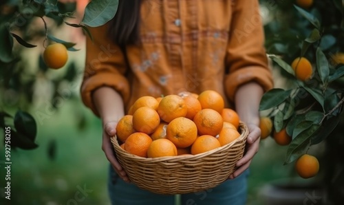 Woman holding wicker basket with large ripe oranges  close-up  orange harvest concept. Illustration  Generative AI