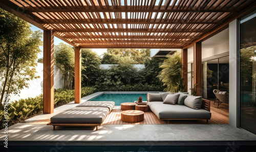 Photo Lavish side outside garden with a teak hardwood deck, a pergola with couches and lounge chairs by the pool