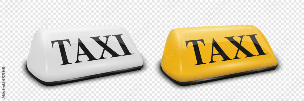 Vector 3d Realistic White and Yellow French Taxi Sign Icon Set Closeup Isolated. Design template for Taxi Service, Mockup. Half Turn View Vector 3d Realistic White and Yellow French Taxi Sign Icon Set Closeup Isolated. Design template for Taxi Service, Mockup. Half Turn View