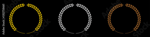 Gold and silver laurel wreaths for the first, second and third place winners. Awards templates or labels. Ranking the winners. Vector