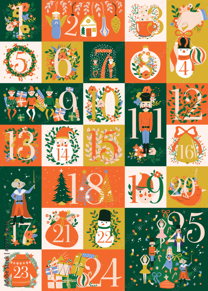 Fototapeta premium Advent Calendar Holiday Poster tile Christmas wall art print xmas bell leaf vector nutcracker wall art clipart holly jolly baby card merry tree elements sticker