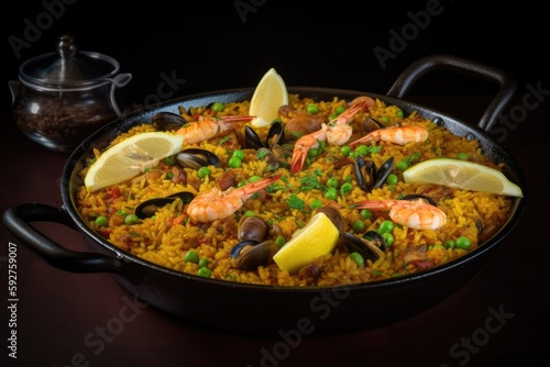 Seafood Paella, Spanish Rice With Shrimp In Pan, Sea Food Paella, Abstract Generative AI Illustration