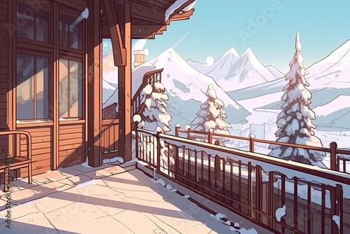 Mountain valley home terrace during the winter. Generative AI