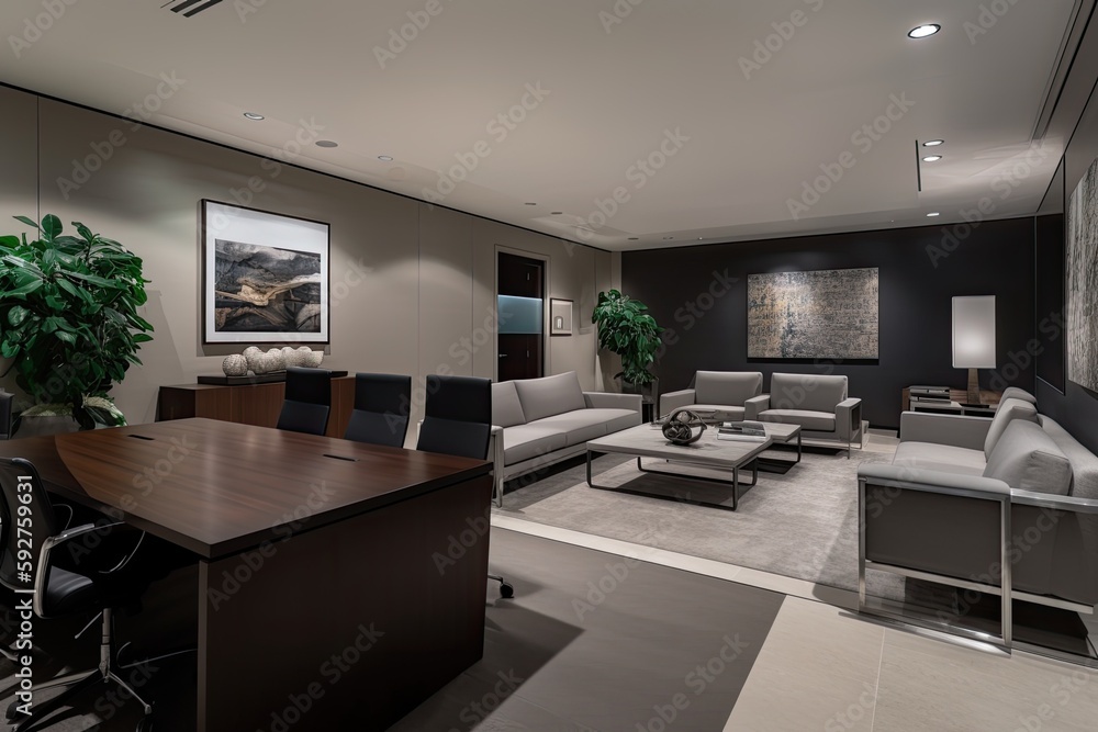 leek and sophisticated CEO suite with a private office, a dedicated meeting area,cozy lounge, and exclusive amenities, exemplifying leadership and executive presence corporate setting - Generative AI leek and sophisticated CEO suite with a private office, a dedicated meeting area,cozy lounge, and exclusive amenities, exemplifying leadership and executive presence corporate setting - Generative AI