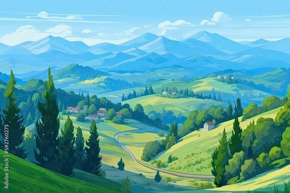 lovely flat sketch of a natural landscape. A valley and spruce forest provide a natural tourist setting. Generative AI