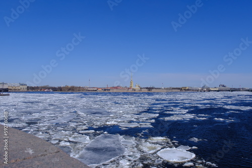 Spring ice drift on the Neva River, St. Petersburg, Russia, April 2024