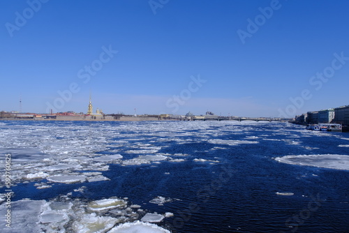 Spring ice drift on the Neva River, St. Petersburg, Russia, April 2024