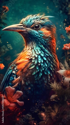 Colorful Bird with Floral on Background. Generative AI © Scrudje