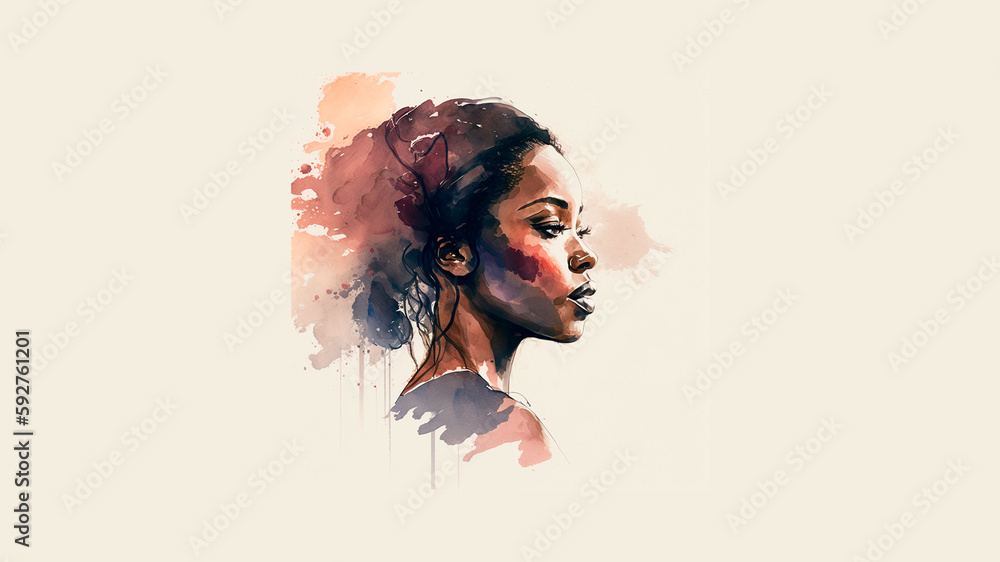 generated with artificial intelligence: South African woman in profile painted in watercolour with bright colours.