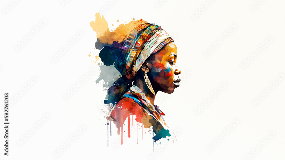 Generated with artificial intelligence: South African woman in profile painted in watercolours