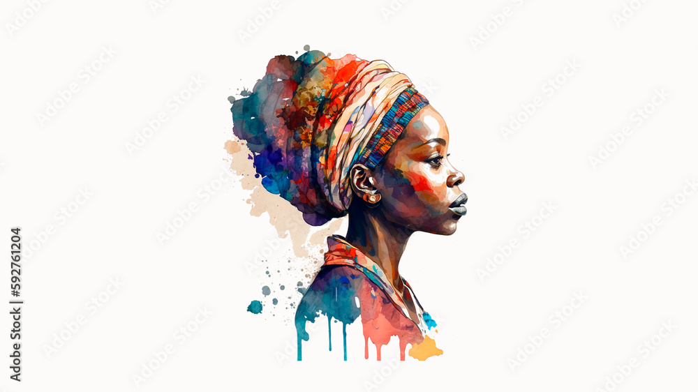 generated with artificial intelligence: South African woman in profile painted in watercolour with bright colours.