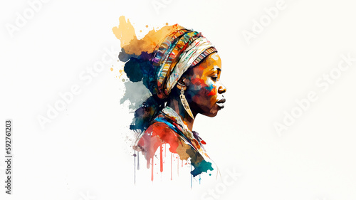 Obraz na płótnie Generated with artificial intelligence: South African woman in profile painted in watercolours w salonie