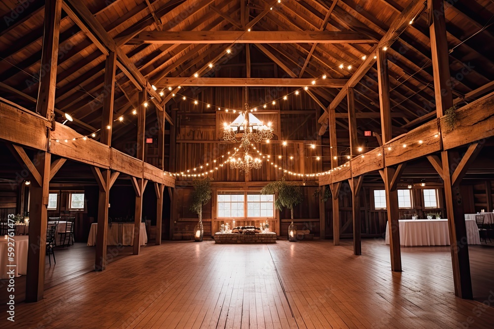 rustic barn wedding venue with wooden beams, string lights, vintage decor, and a cozy fireplace, evoking a warm and charming ambiance for a country-themed wedding - Generative AI