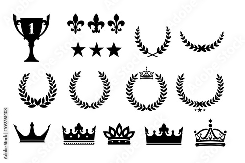 Crowns, trophy, laurel wreath, lilies, premium stars - set of elements, vector illustration