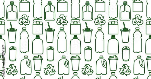 Ecology seamless pattern with small drink packaging pictograms. Linear icons. Vector illustration. Zero waste concept. Reduce, refuse, recycle. Green lifestyle. For print, wallpaper, textile, design