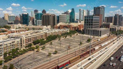 An aerial time-lapse (hyper-lapse) of traffic racing up I-35E through Downtown Dallas.