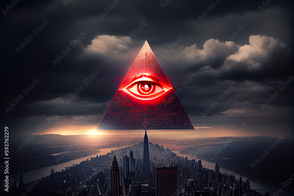 Illuminati logo, all seeing eye symbol on pyramid, concept of masonic