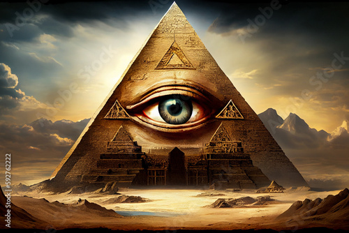 Illuminati logo, all seeing eye symbol on pyramid, concept of masonic secret societies, conspiracys and ruling the world