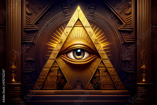 Illuminati logo, all seeing eye symbol on pyramid, concept of masonic secret societies, conspiracys and ruling the world