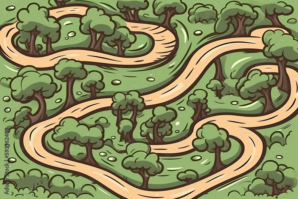 a view from above of a road with twists and straight stretches in a forest. Generative AI