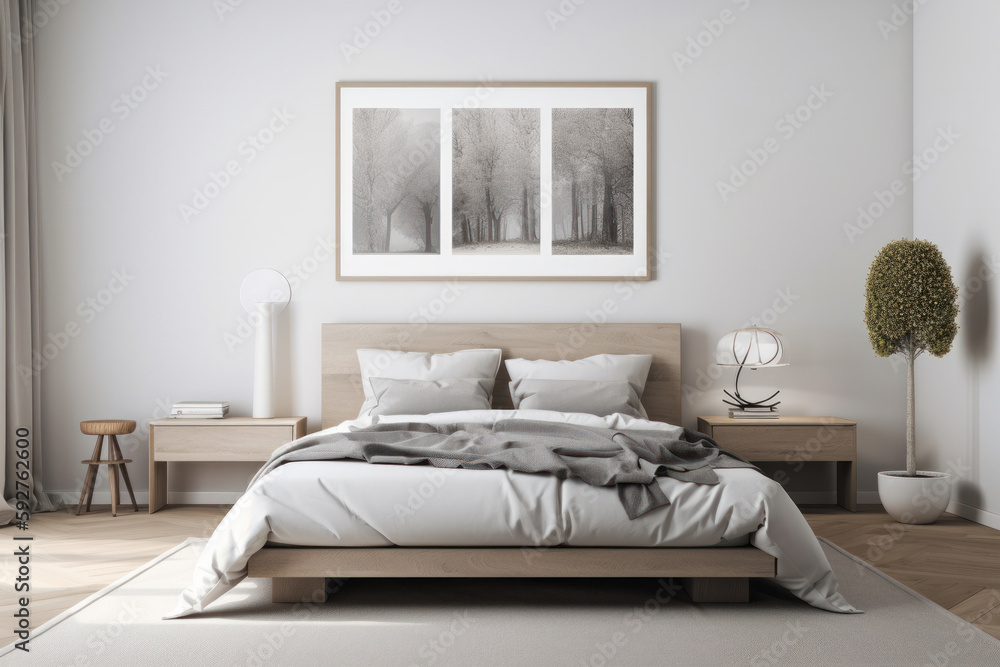 Bedroom interior with mockup poster frame showcasing photo collection. Contemporary furniture and lighting add to the modern atmosphere. AI Generative.